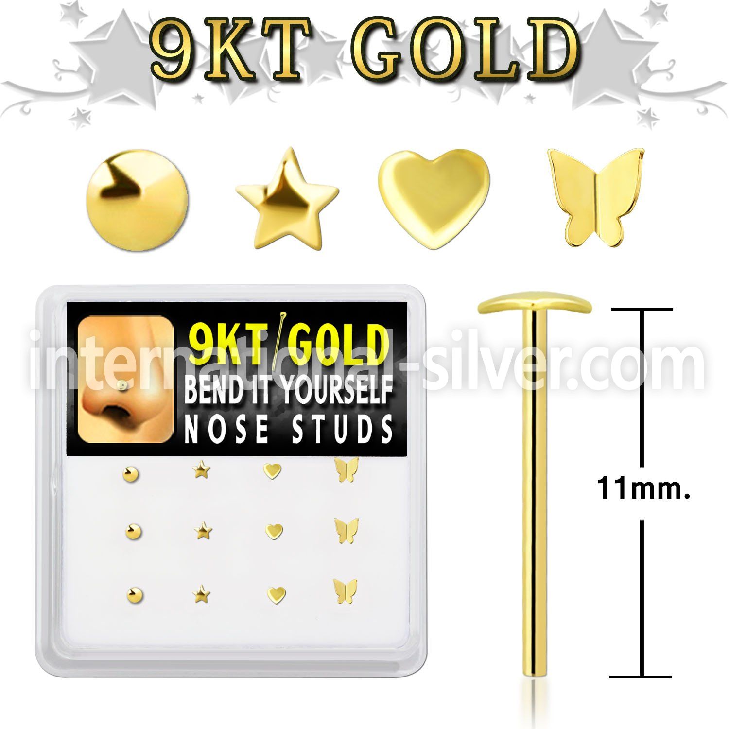 d9gys23 box with 9kt gold bend it nose studs with mix plain tops