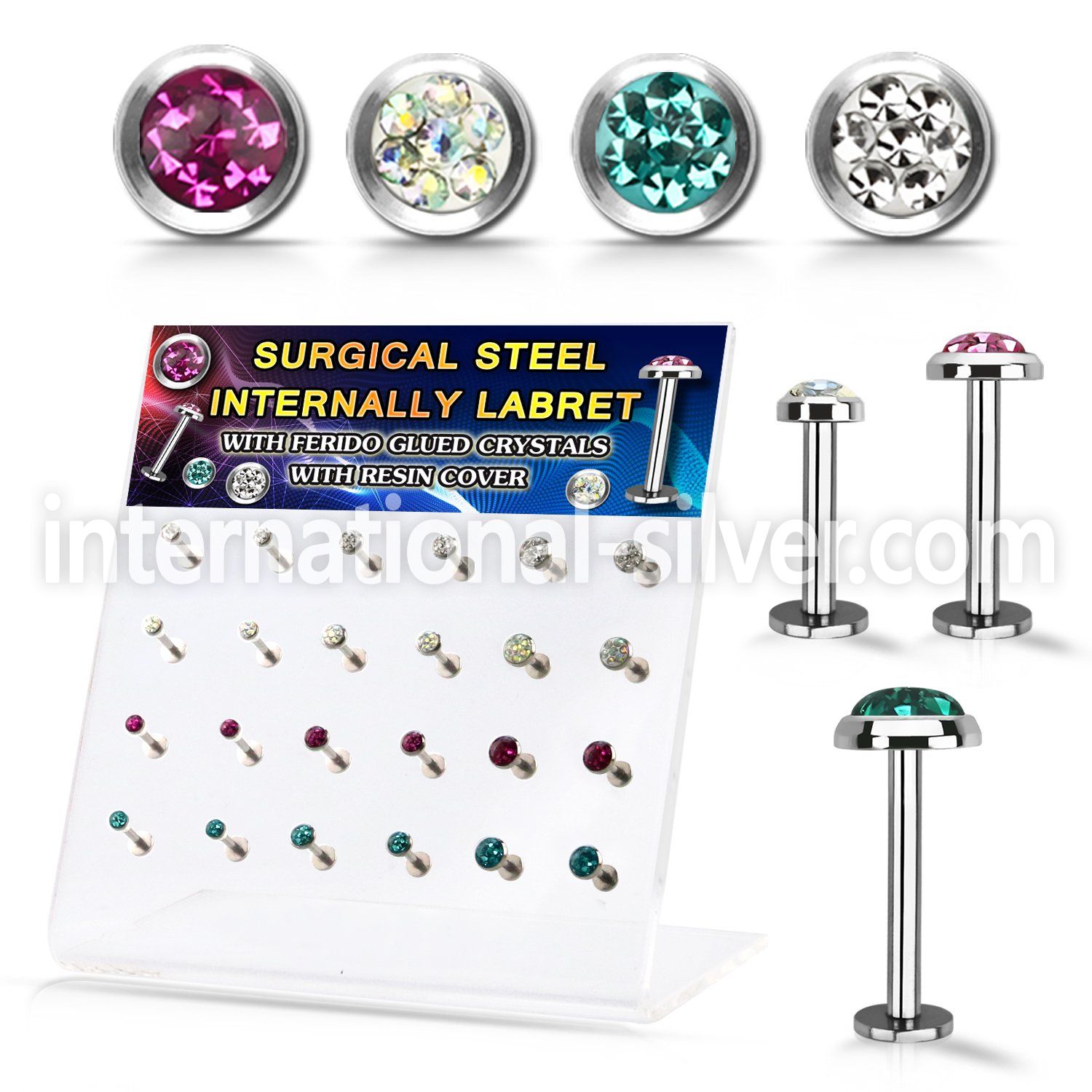 dacb225 display steel internall labret w flat multi crystal top