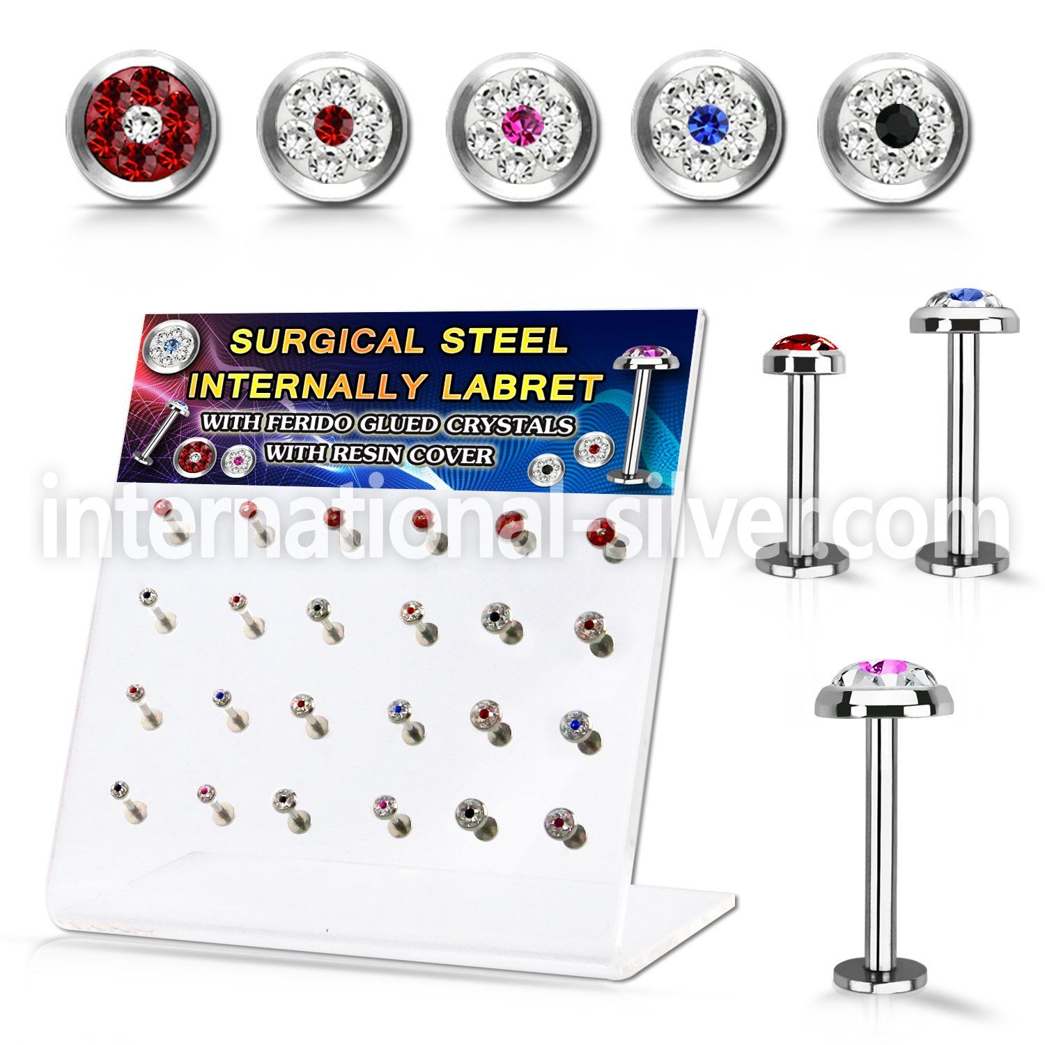 dacb226 steel internall labret w multi crystals dot flat top