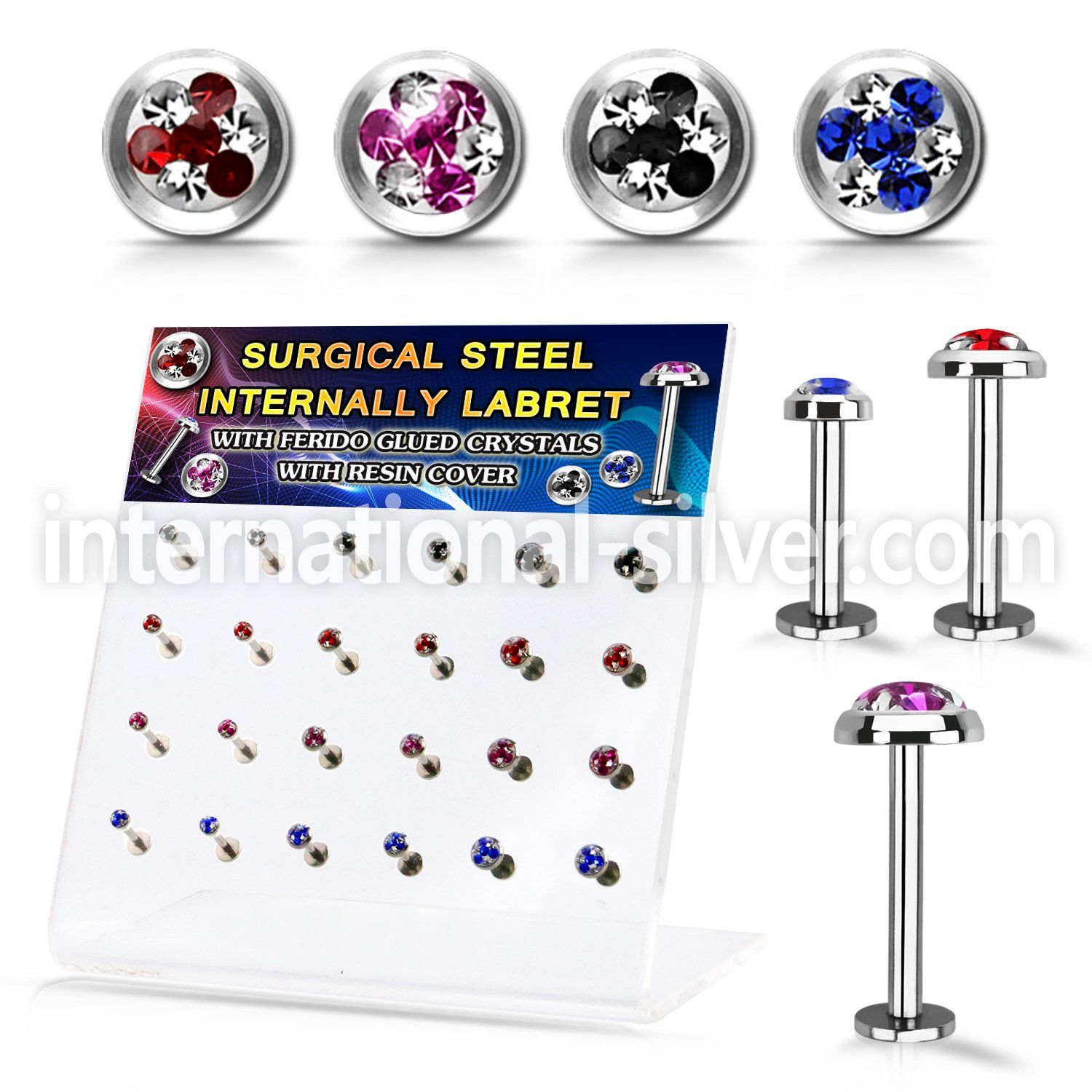 dacb227 steel internall labret multi crystals tri star flat top