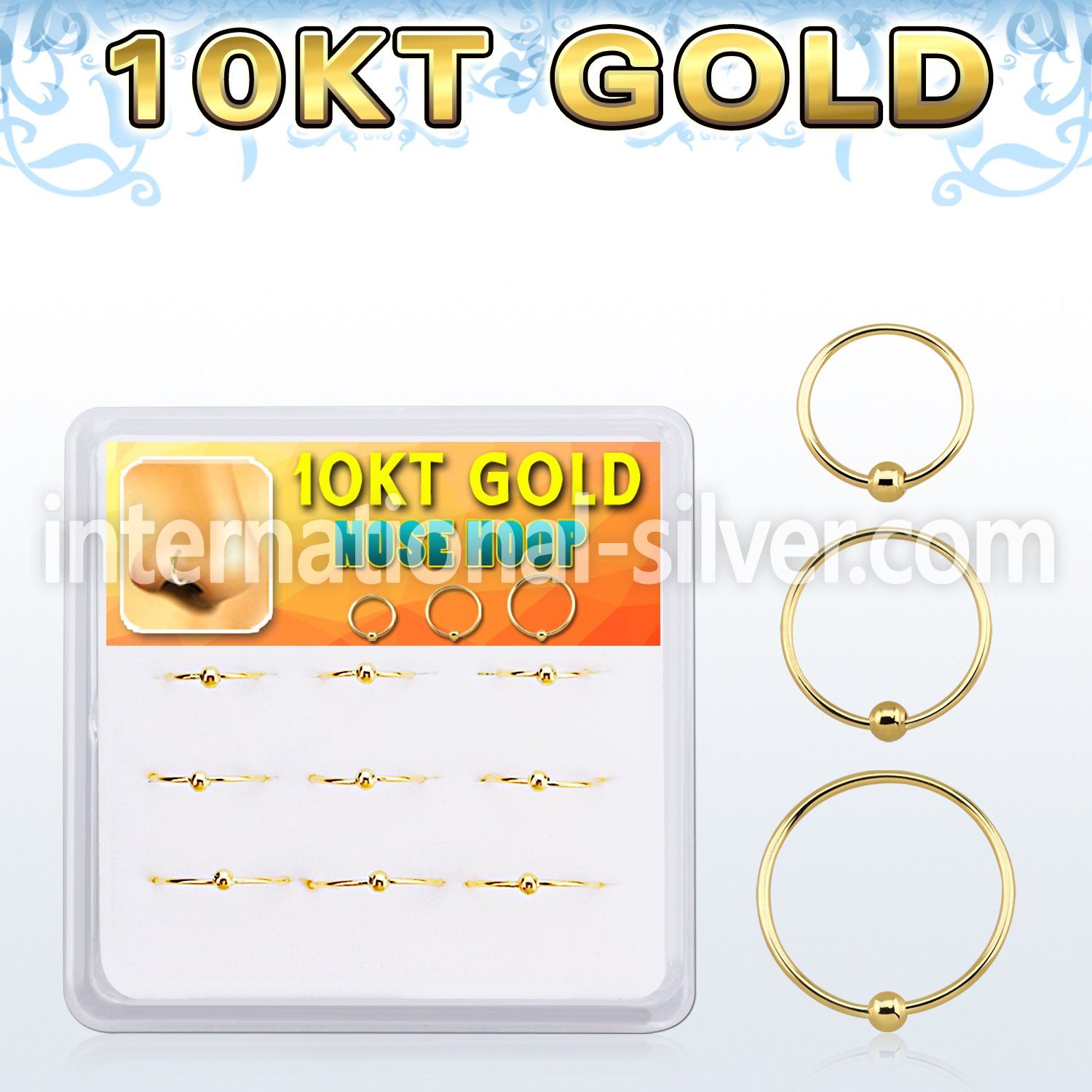 dg10nh1 box w 9 solid 10k gold endless nose hoops w ball