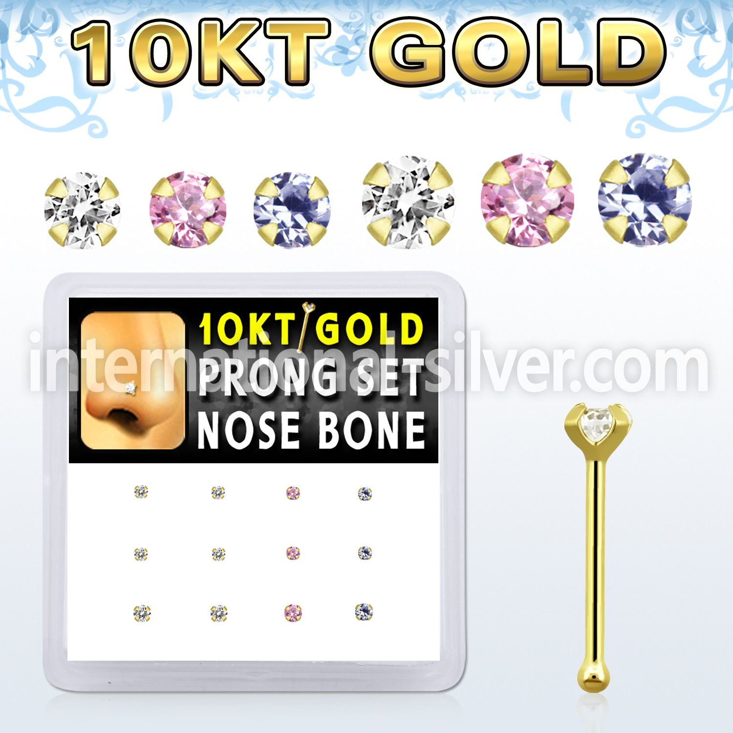 dginb12 box w 10kt gold nose bones w 1.5 2 mm round cz tops