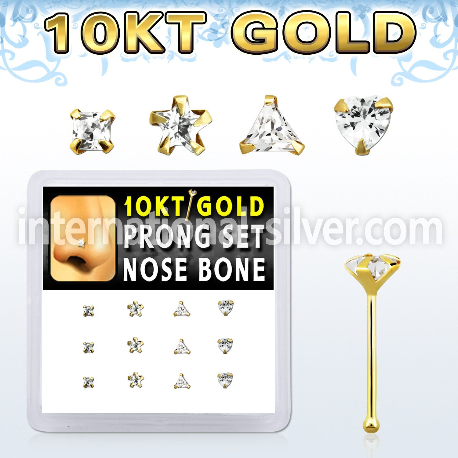 dginb13 box w 10kt gold nose bones w 3 mm special shape cz tops
