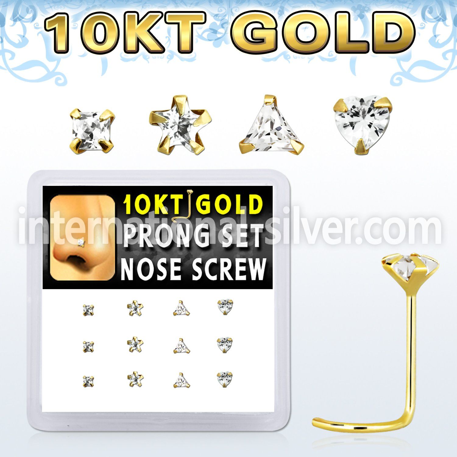 dgisc13 box w 10kt gold nose screws w 3 mm special shape cz tops