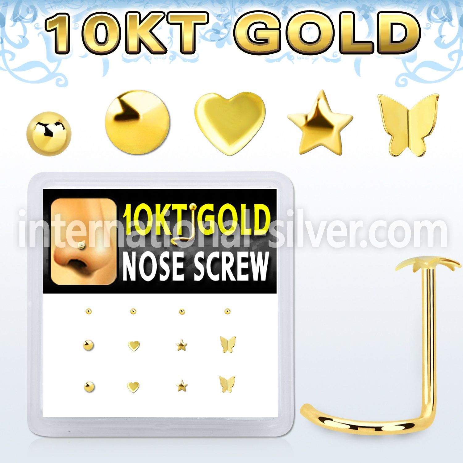 dgisc16 box w 10kt gold nose screw w 3mm cz stones in mix shape
