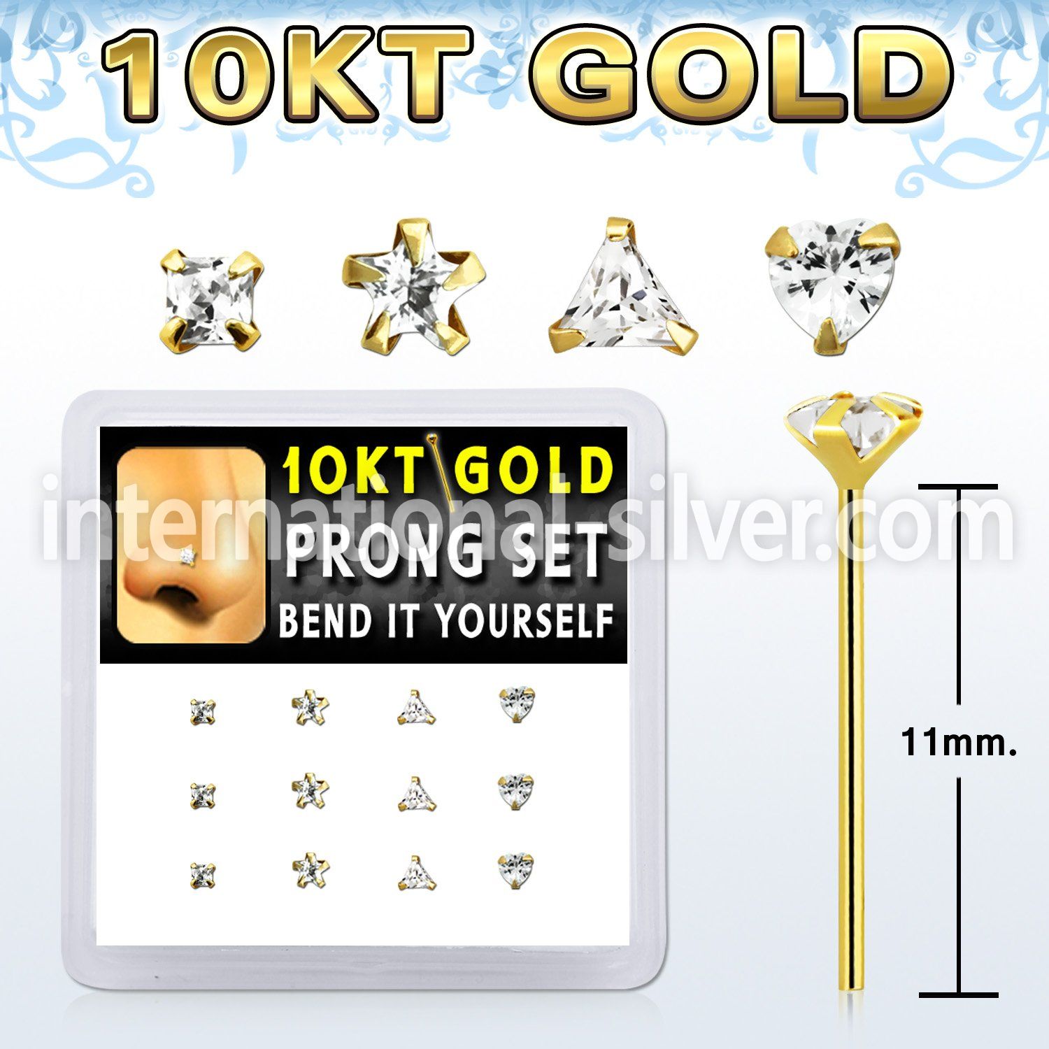 dgiys13 box w 12 10kt gold bend it nose studs w mixed shape czs
