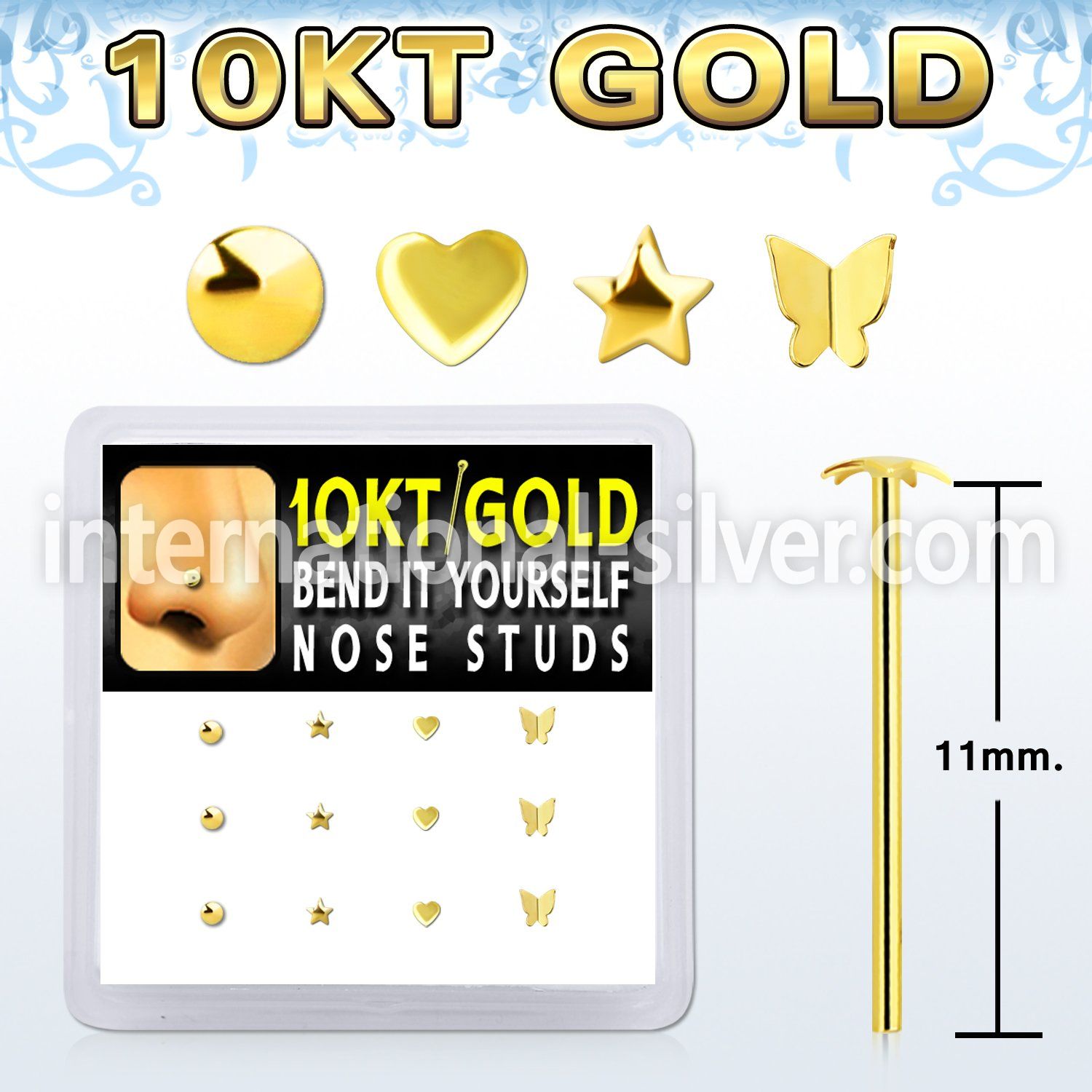 dgiys26 box w 12 10kt gold bend it nose stud w mixed shaped top