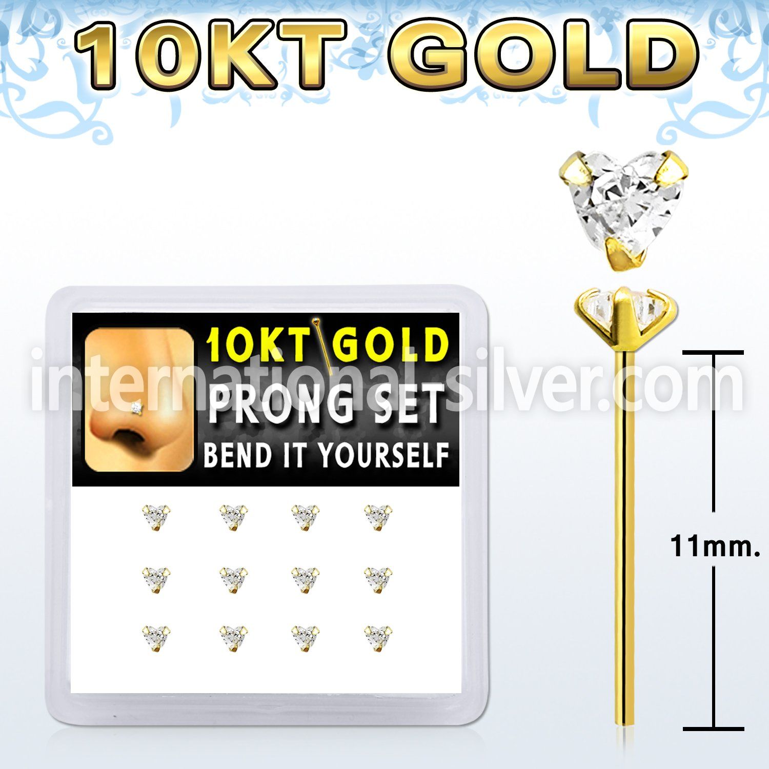 dgiys3 box w 10kt gold bend it nose studs w 3mm heart cz 