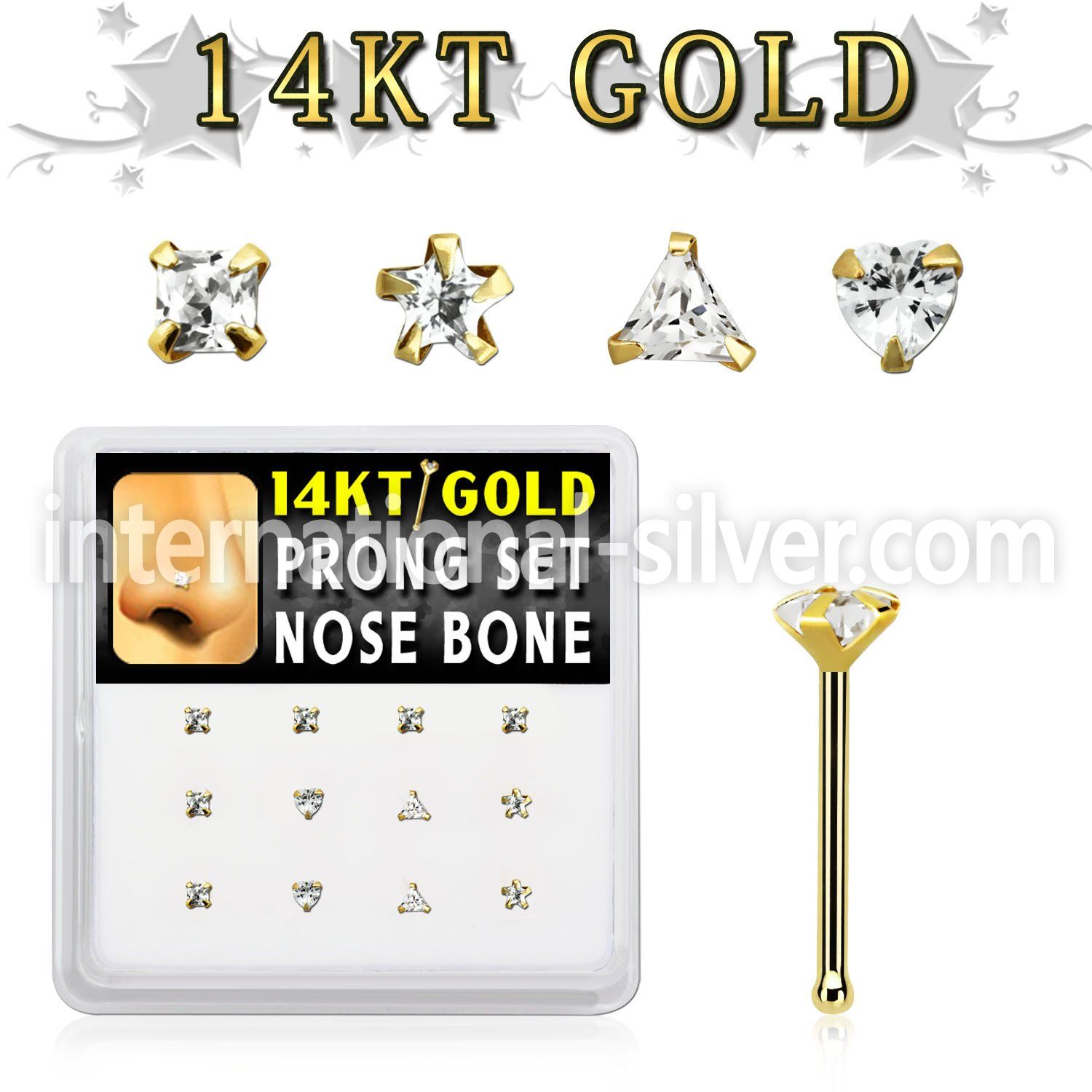 dgnb17 box w 14kt gold nose bones w 3mm cz stones in mix shape