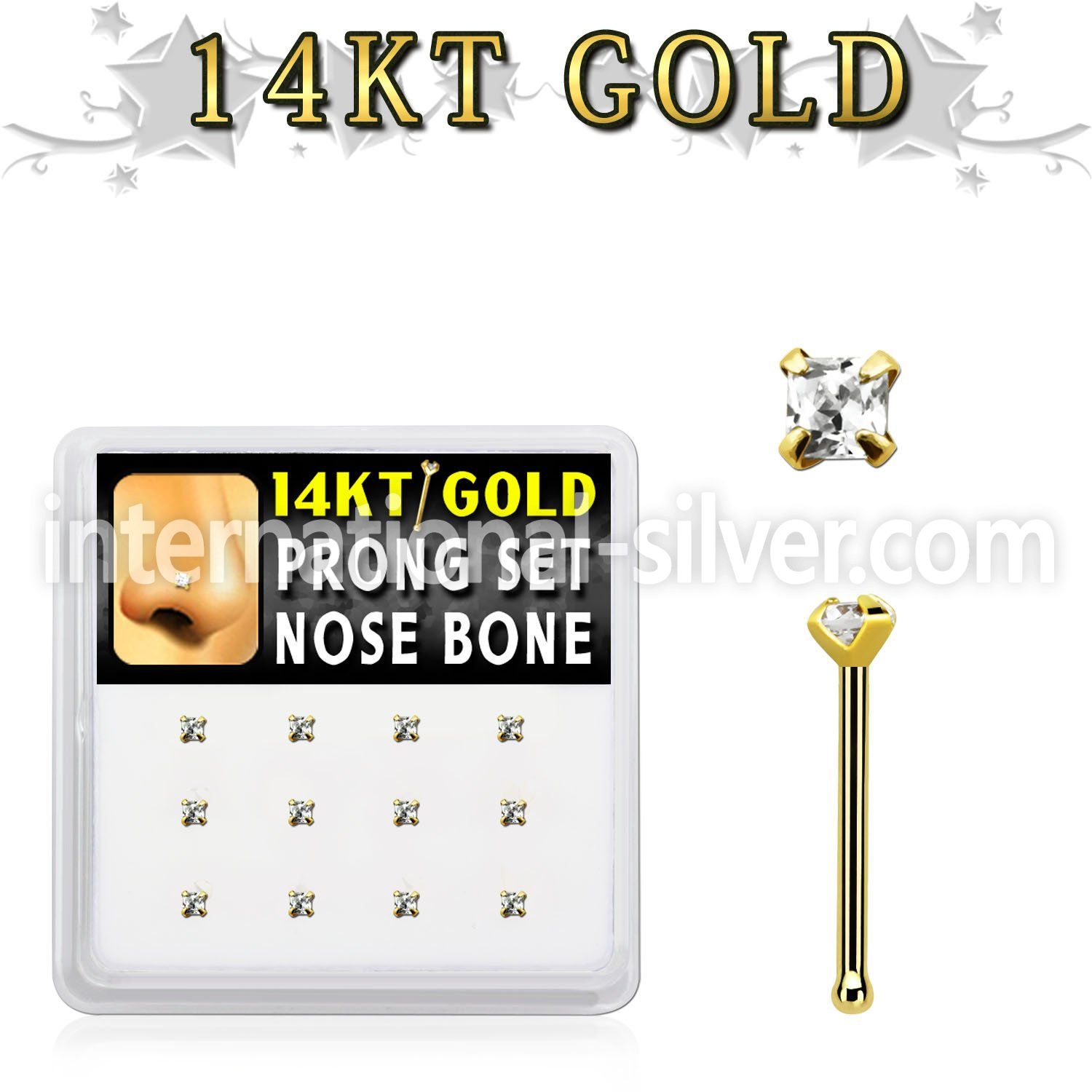 dgnb19 box w 14kt gold nose bones w prong set 2mm square cz 