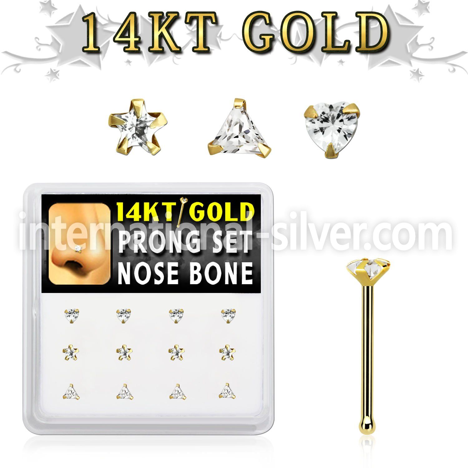 dgnb20 box w 14kt gold nose bones w 3mm cz in mixed shapes