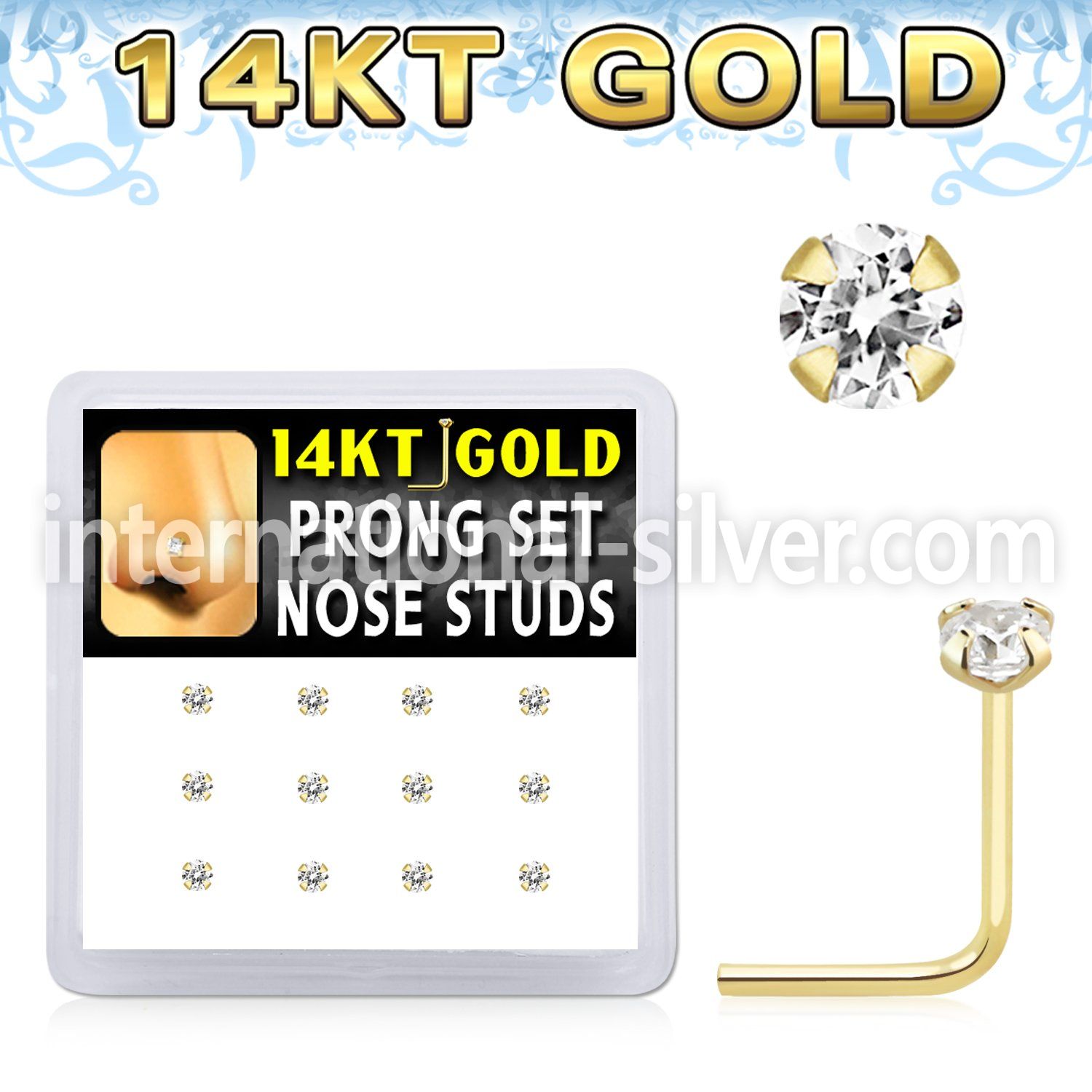dgns6 14k gold nose studs with 2mm clear cz prong 12pcs