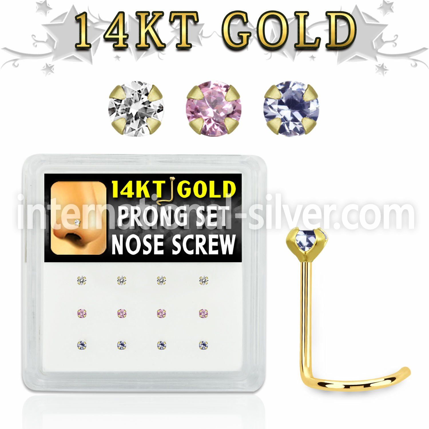 dgsc27 box w 14kt gold nose screw w prong set 2mm mix color czs