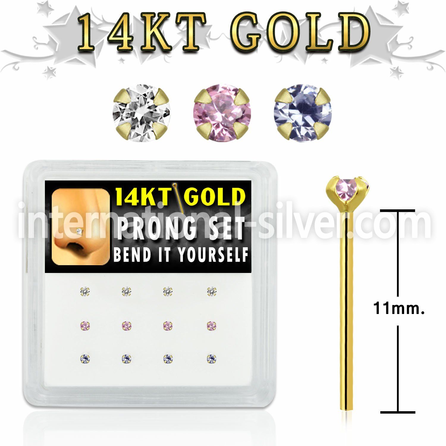 dgys27 box w 14kt gold bend it nose studs w prong set 2mm cz 