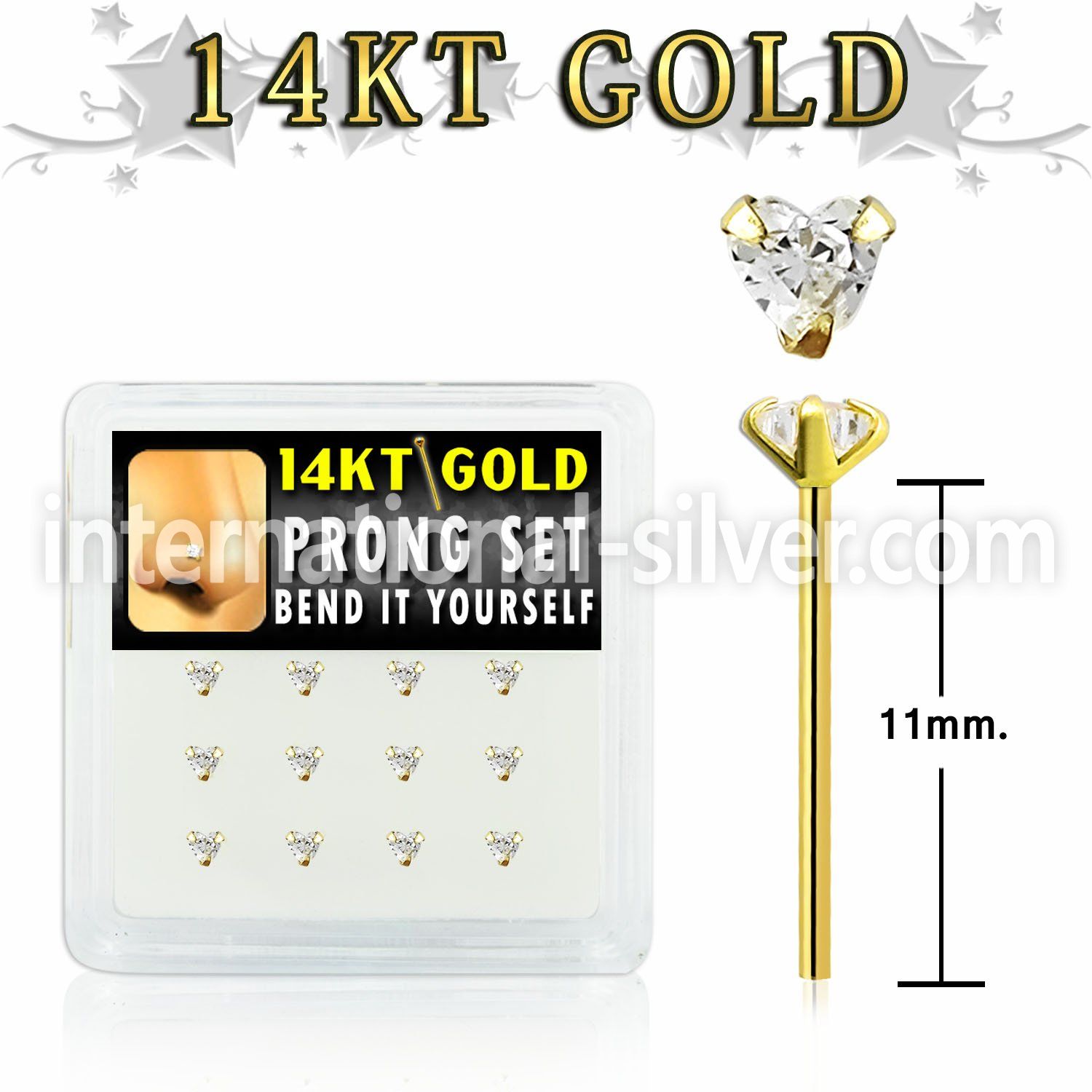 dgys3 box w 14kt gold bend it nose studs w 3mm heart cz 