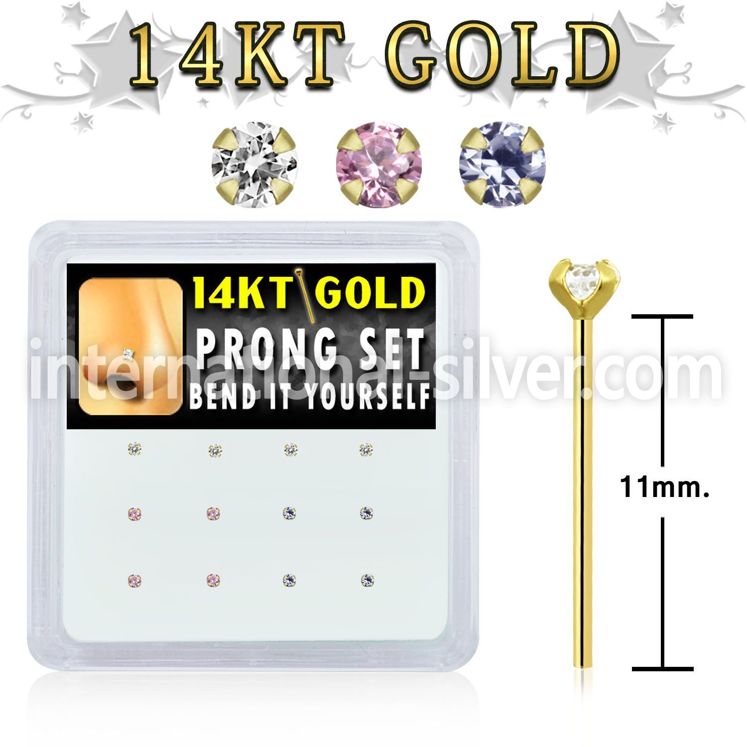 dgys4 box w 14kt gold bend it nose studs w prong set 1.5mm cz 