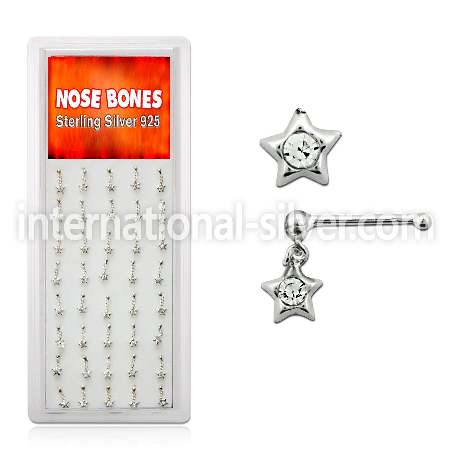 dnbdc2 box of silver nose bones with a dangling star w crystal