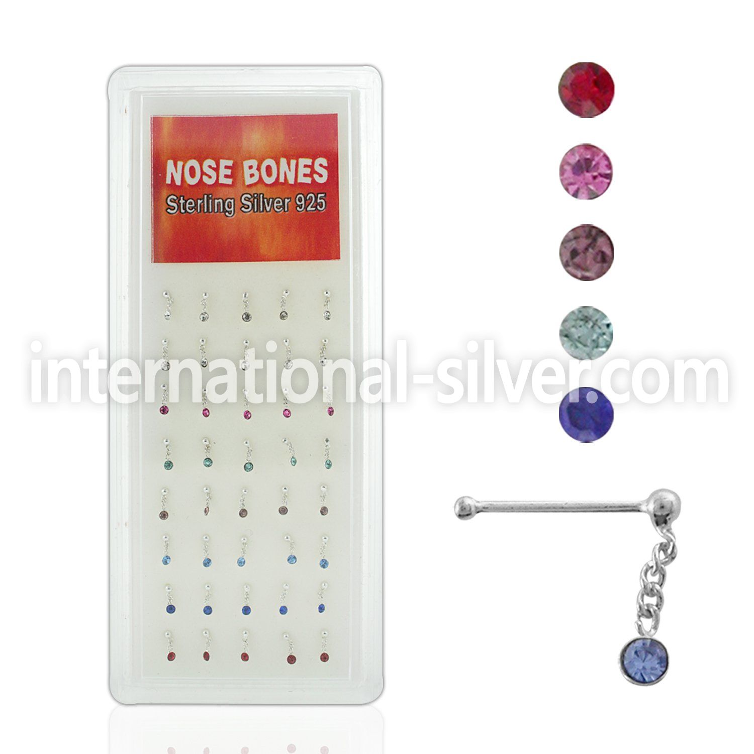 dnbdm1 box of silver nose bones w ball dangling round crystal