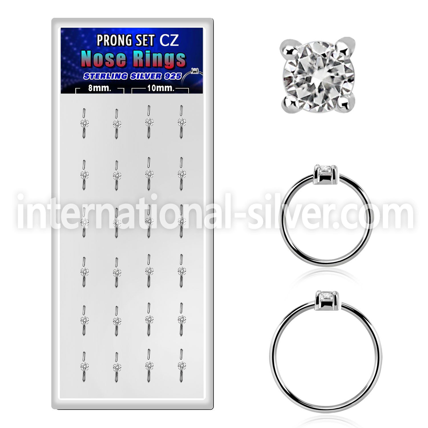 dnsm161 box w 24 silver nose rings w set 1.5mm clear cz tops