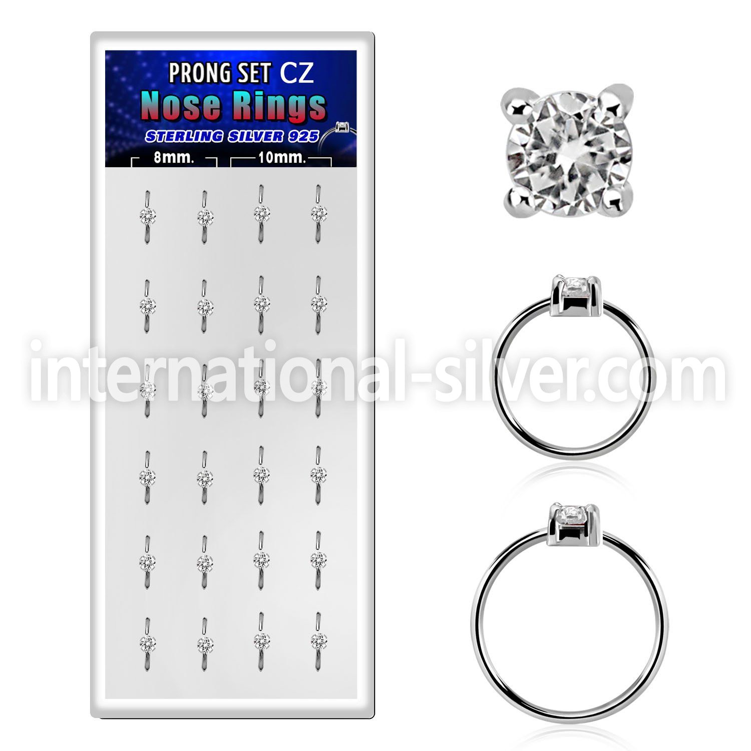 dnsm165 box w 24 silver nose rings w set 2.5mm clear cz tops