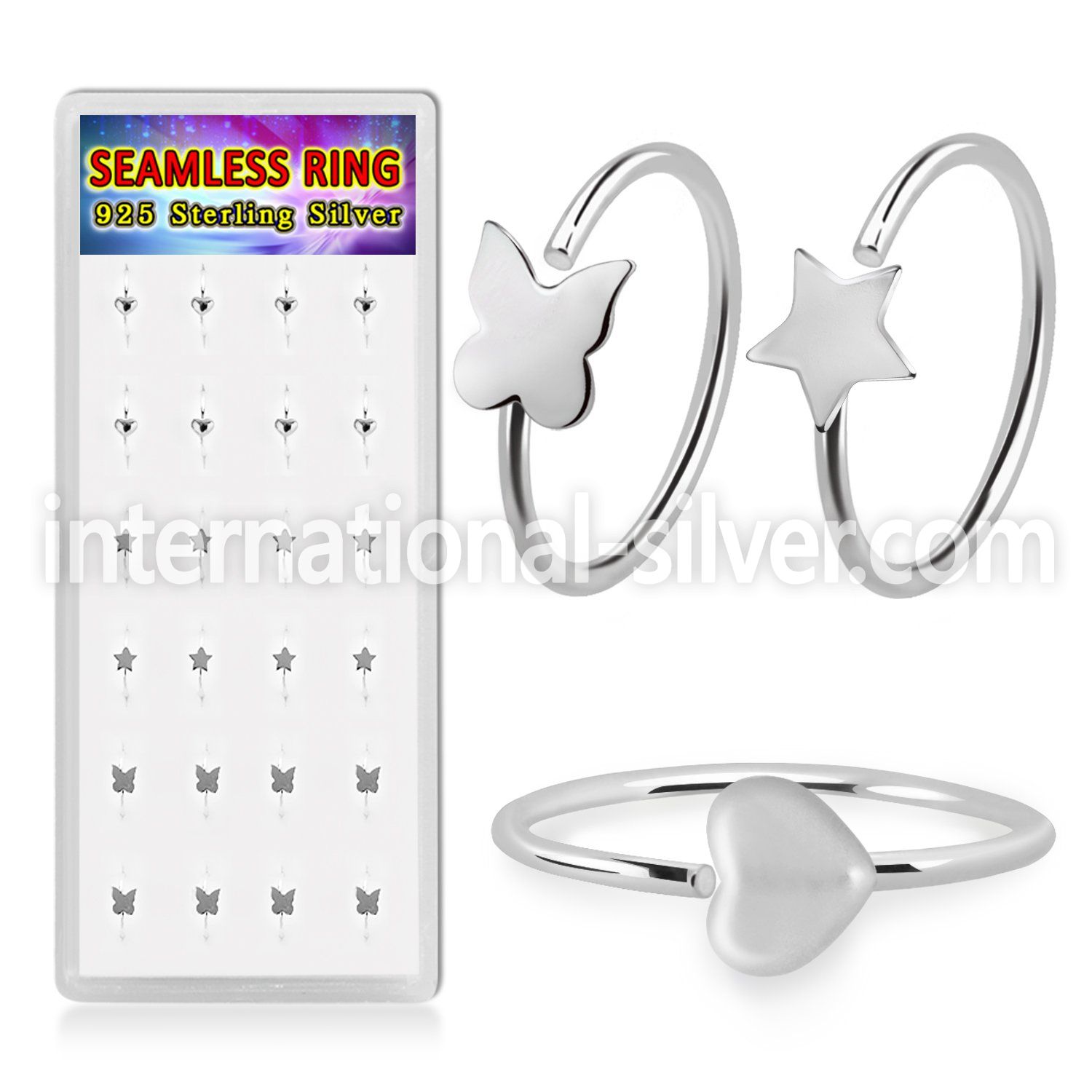 dnsm299 silver seamless nose hoops star heart butterfly 24
