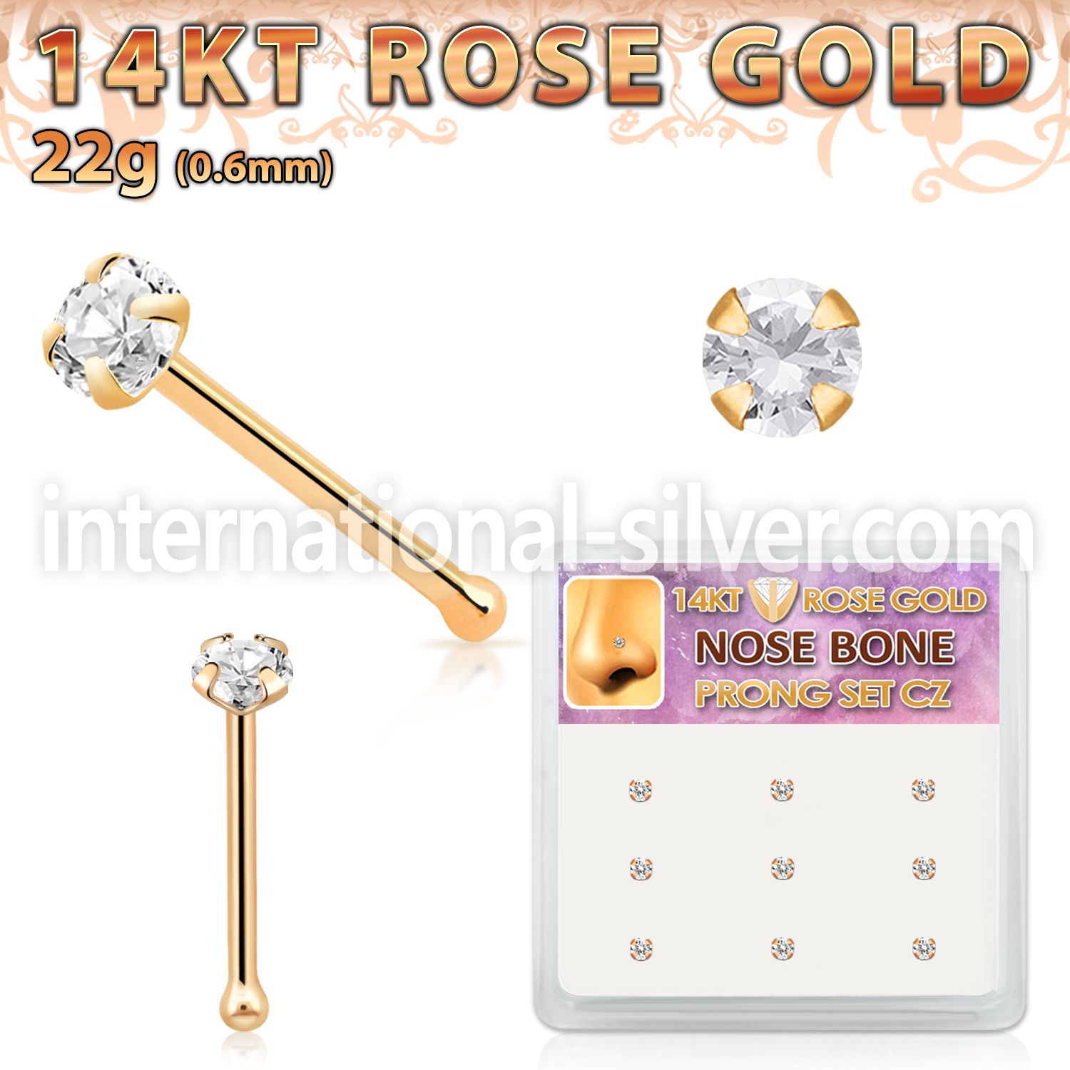 drnb6 box w 14kt rose gold nose bones w 2mm round cz stones