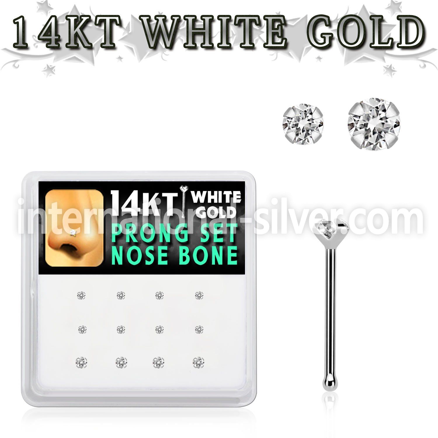 dwnb11 box w 14kt white gold nose bone w prong set 1.5 2mm cz