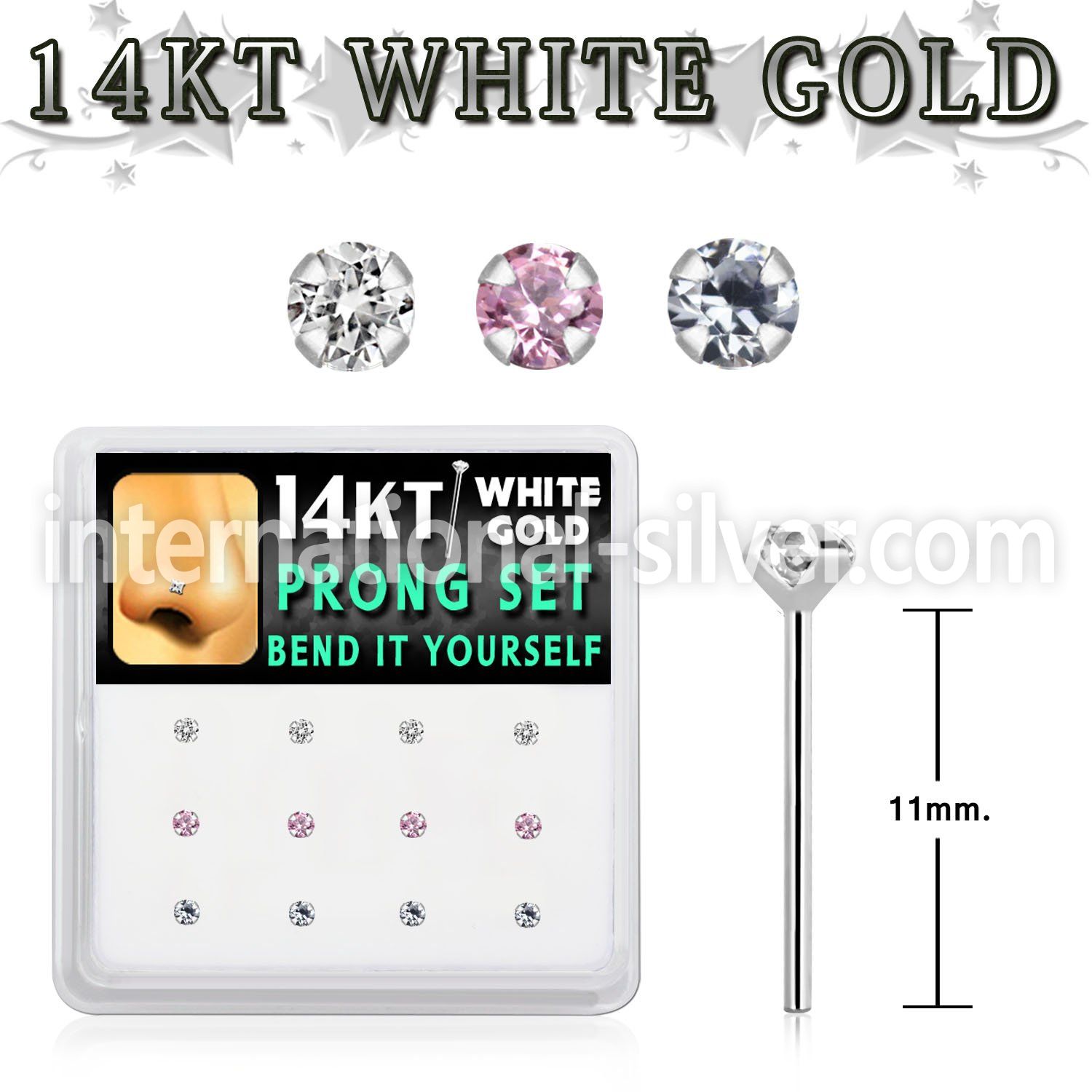 dwys10 box w 14kt white gold bend it nose studs w 2mm mixed czs