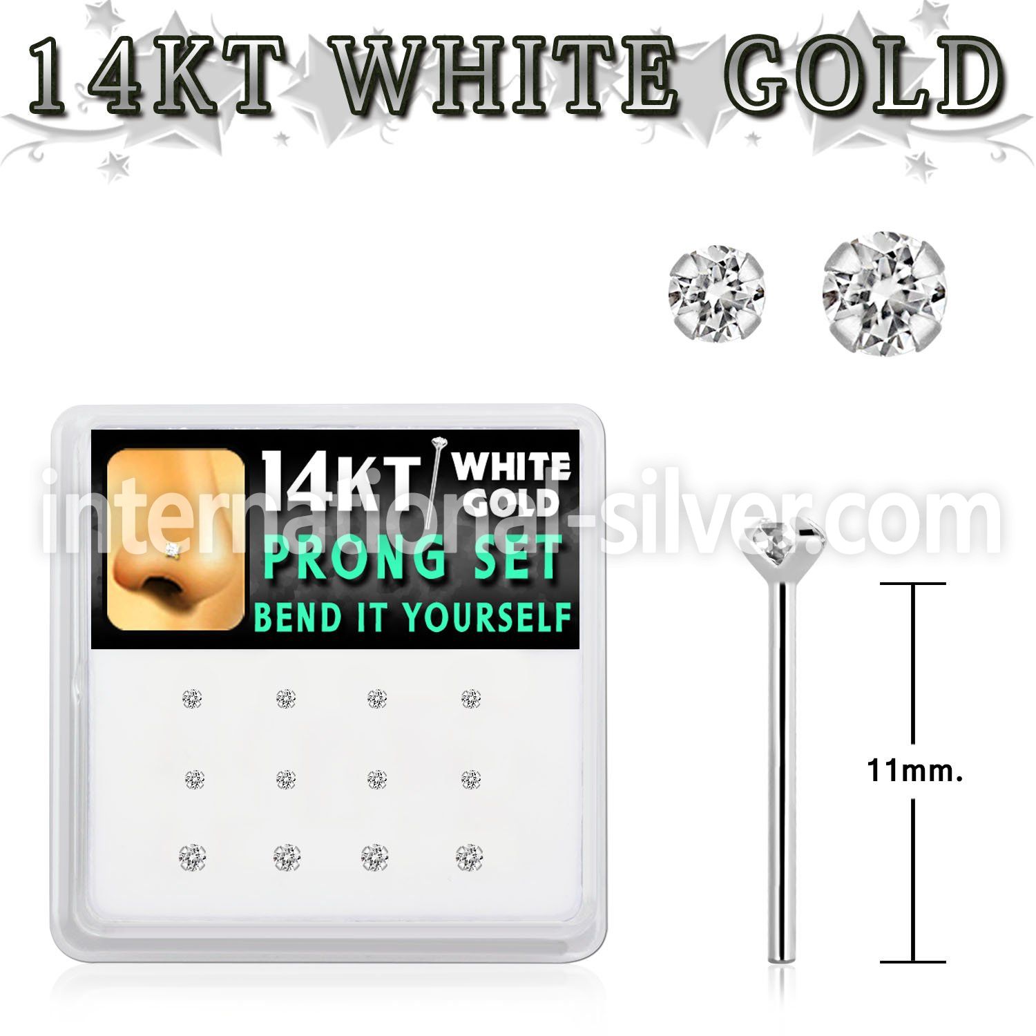 dwys11 box w 14kt white gold bend it nose stud w 1.5 2mm cz