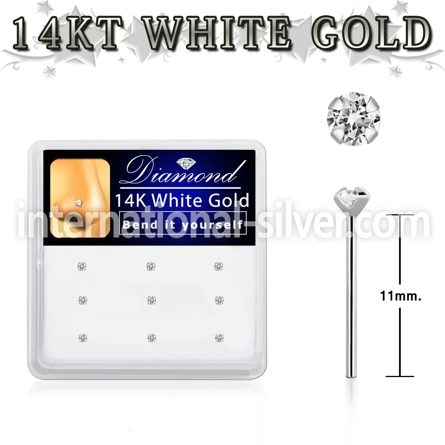 dwys15 box w 14kt white gold bend it nose stud w 1.5mm diamond