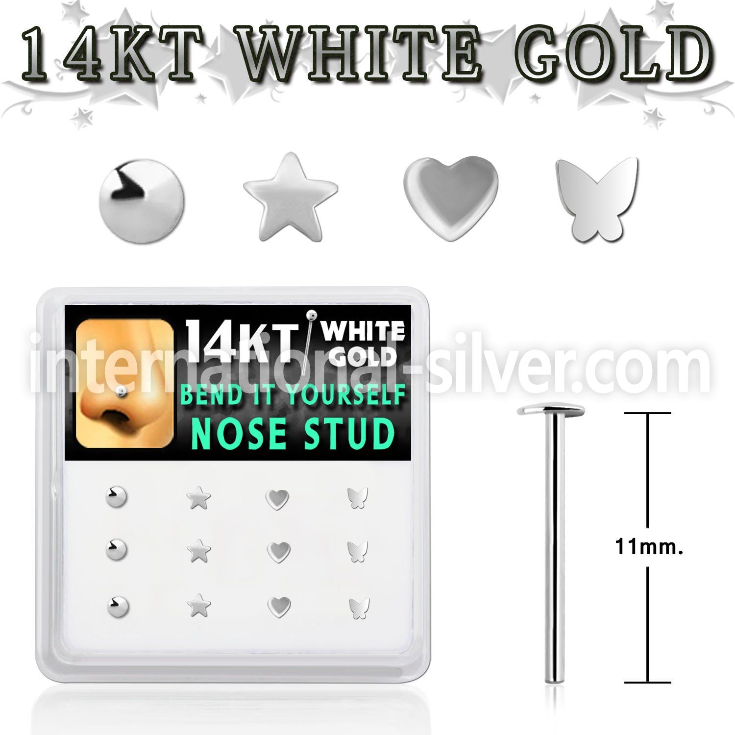 dwys18 box w 14kt white gold bend it nose studs w mix plain top