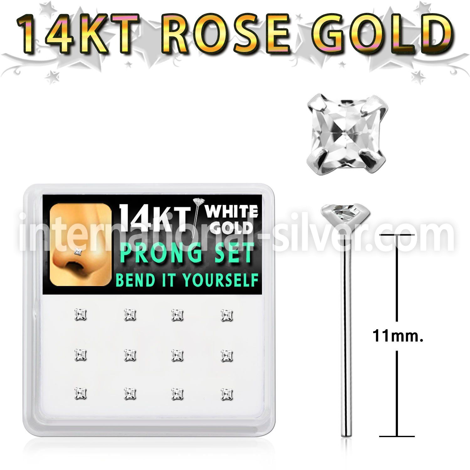 dwys19 box w 14kt white gold bend it nose stud w 2mm square cz 
