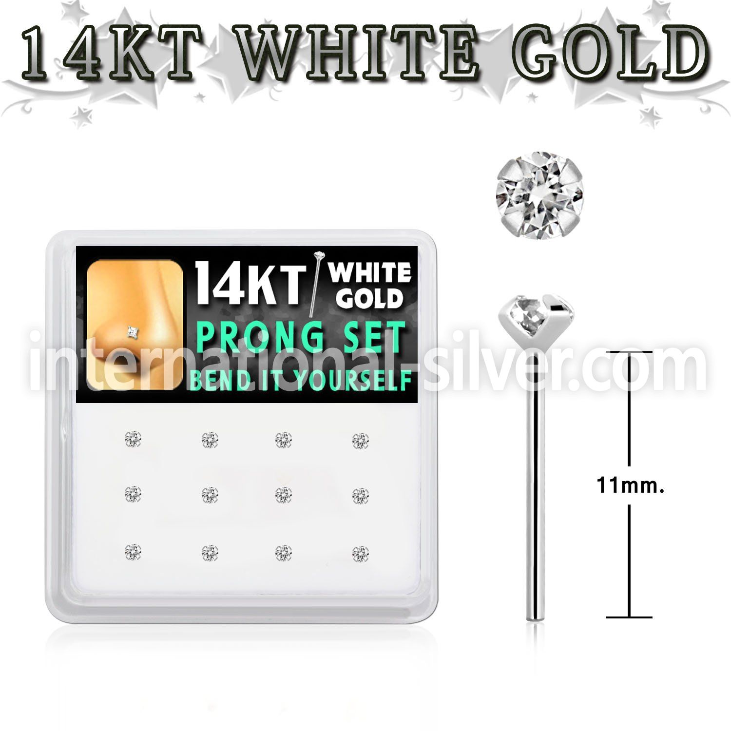 dwys1 box w 14kt white gold bend it nose studs w 2mm czs