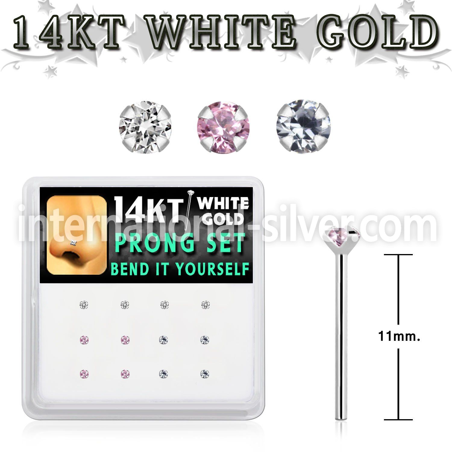 dwys7 box w 14kt white gold bend it nose studs w 1.5mm czs