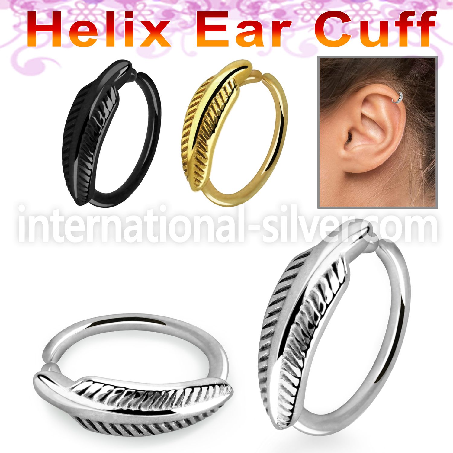 echfe 316l steel helix ear cuff w a feather on the top