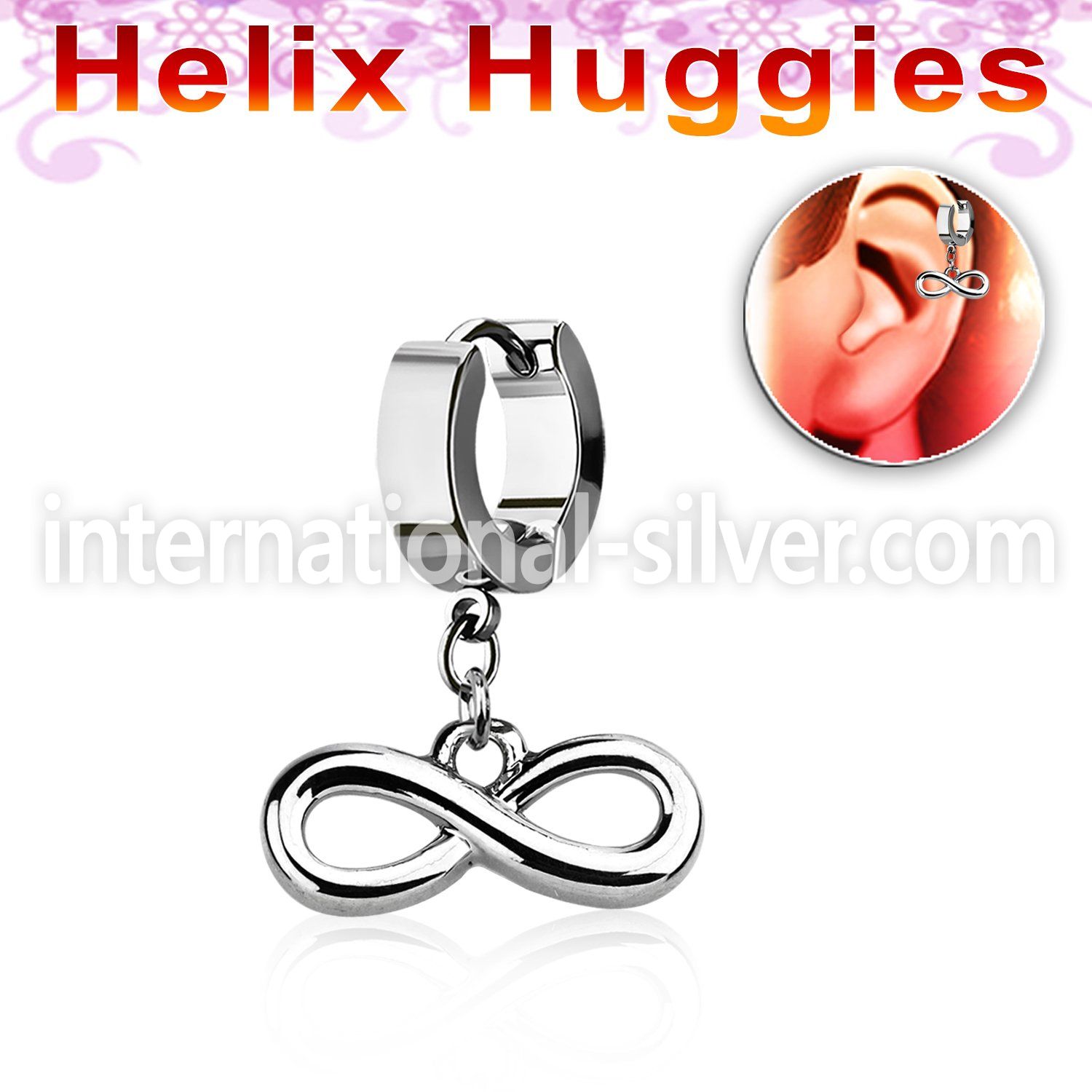 ehh618 helix huggie w a dangling infinity symbol
