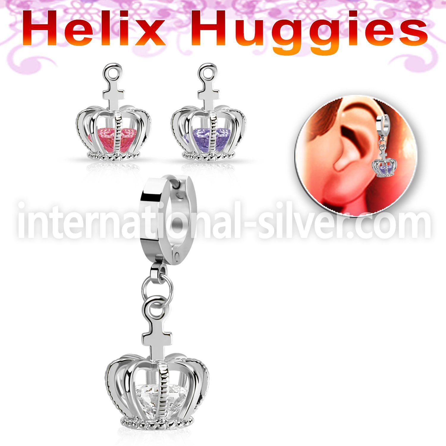 ehhz590 stainless steel helix huggie w dangling crown w cz