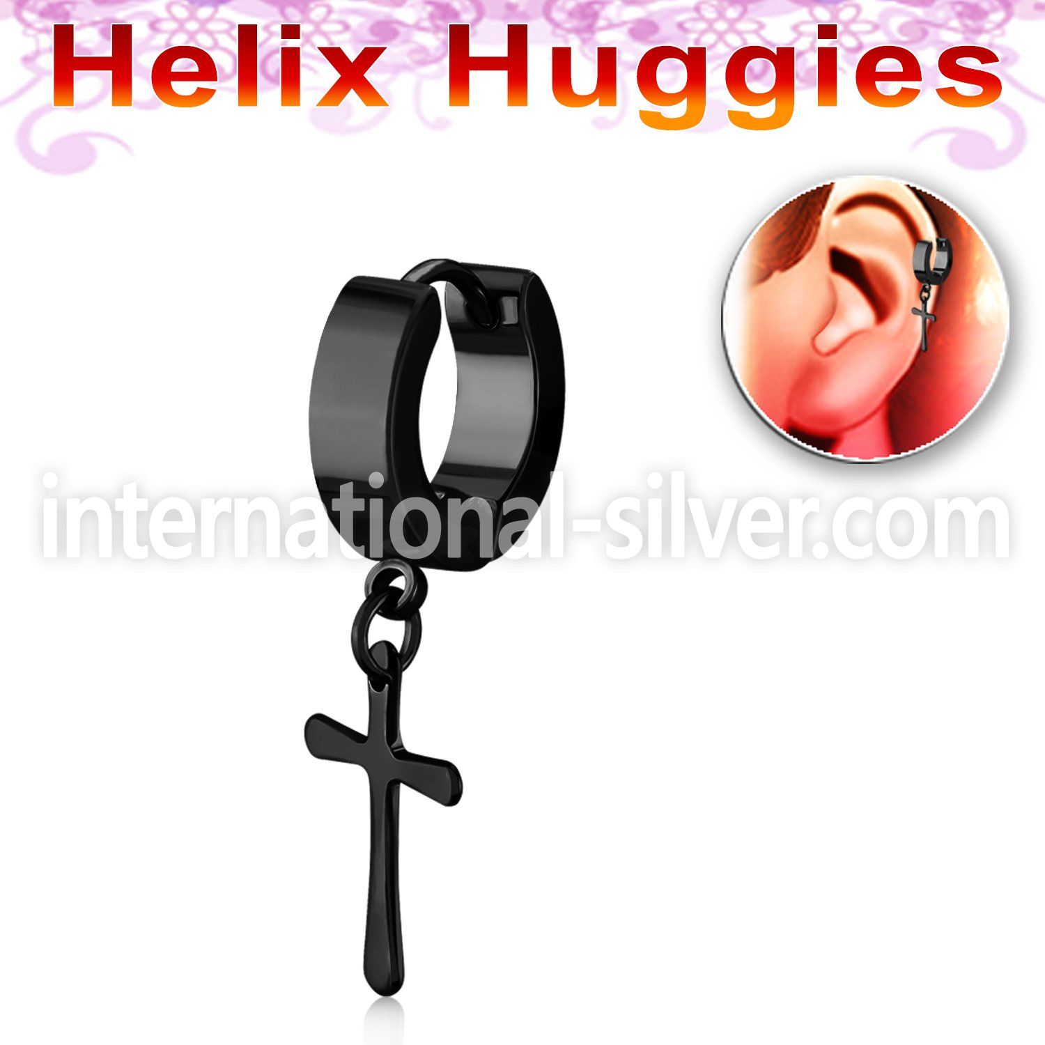 er268cb tiny black steel helix huggie w cross dangling