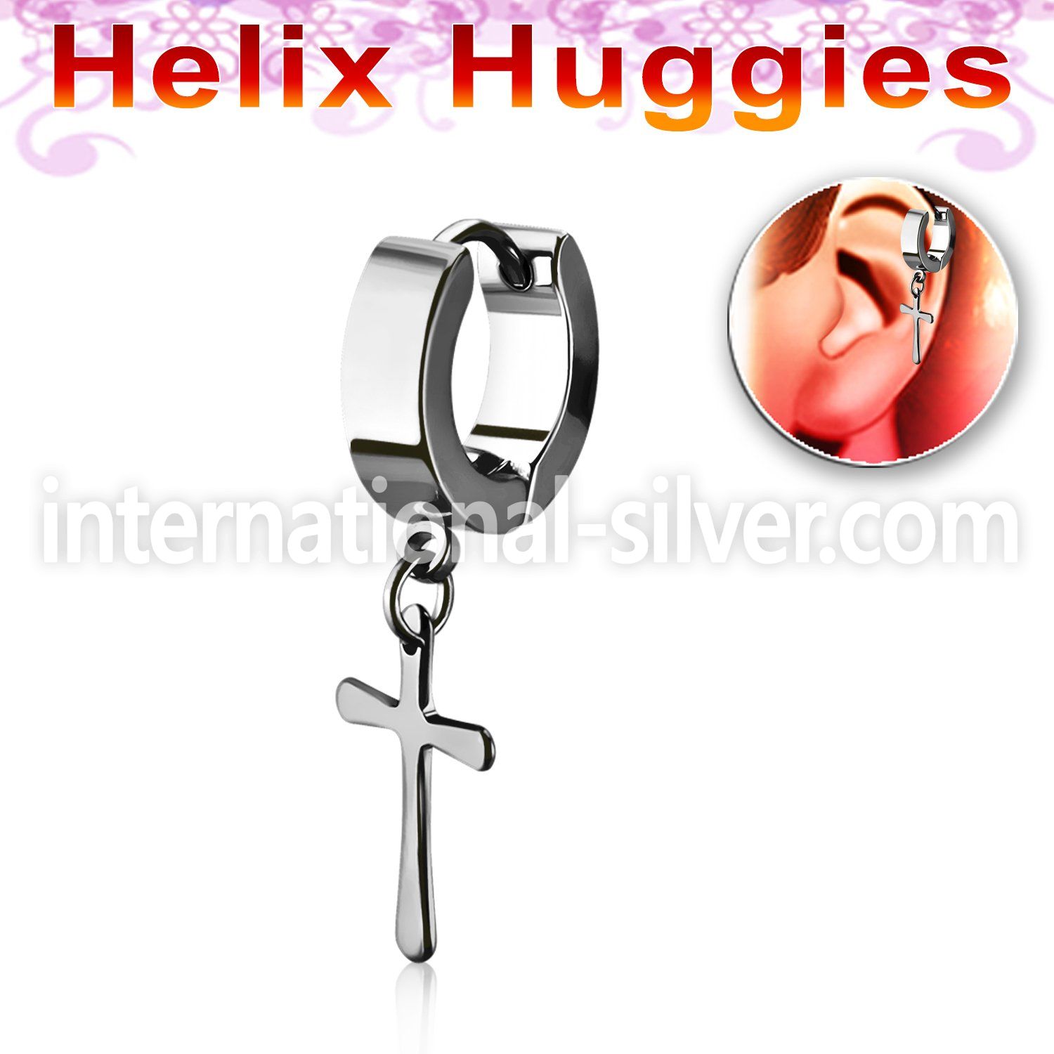 er268ch tiny high polished steel helix huggie w cross dangling