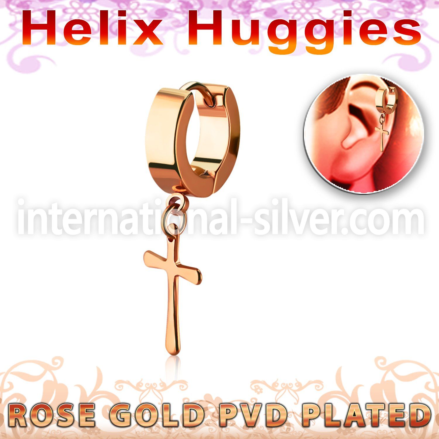 er268cr tiny rose gold steel helix huggie w cross dangling