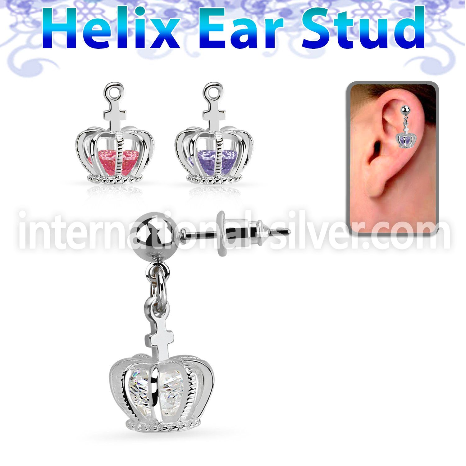 erbdz590 ball steel ear stud w dangling crown with a cz