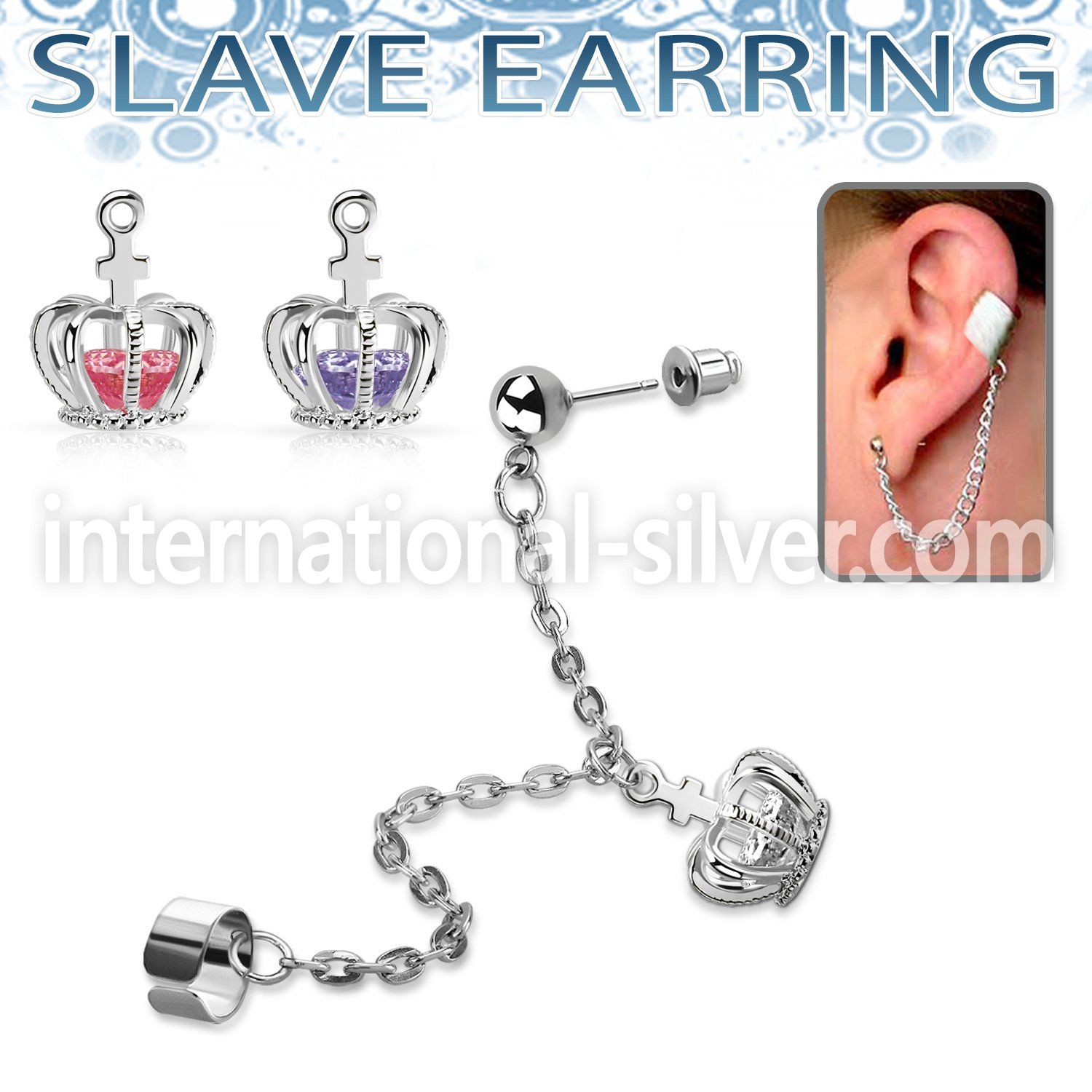 erdl21 stainless steel slave helix clip w dangling crown w cz