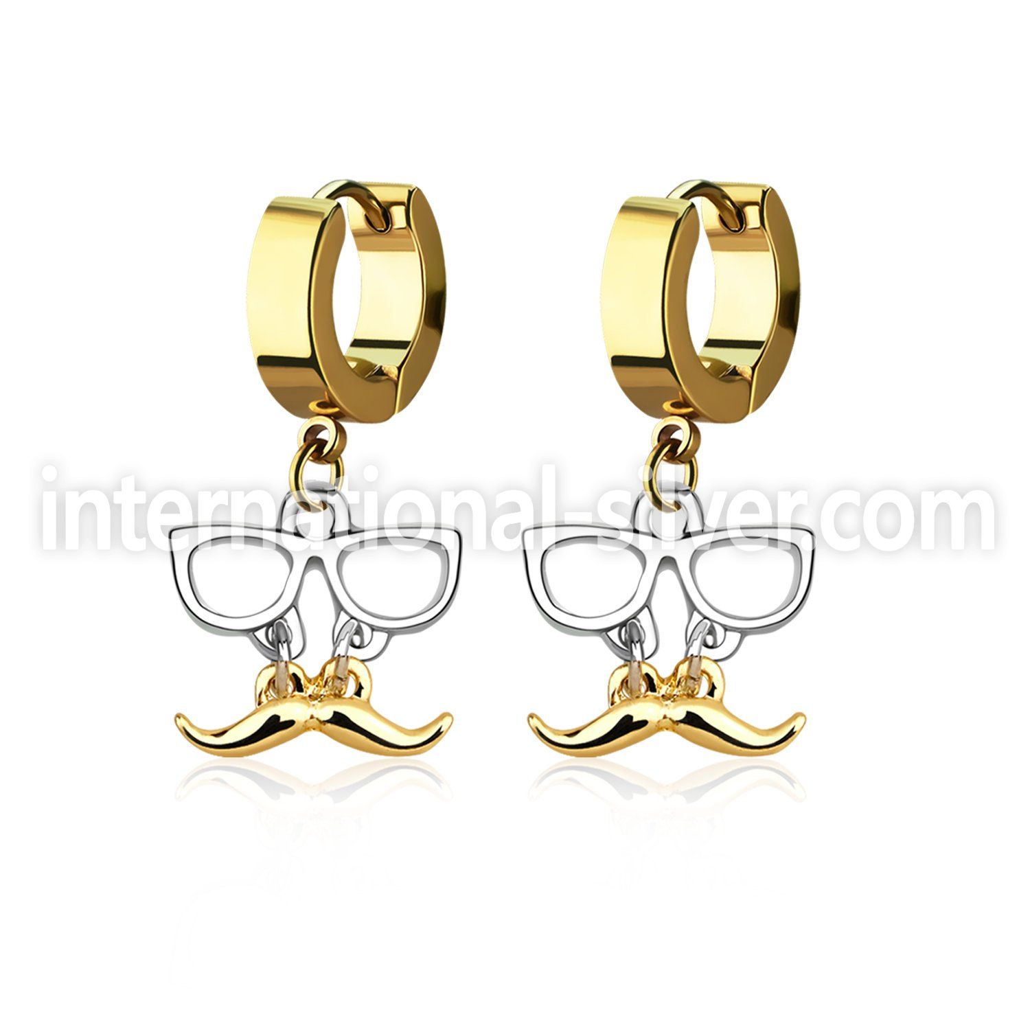 erg507 gold steel huggies earrings w dangling mustache glasses