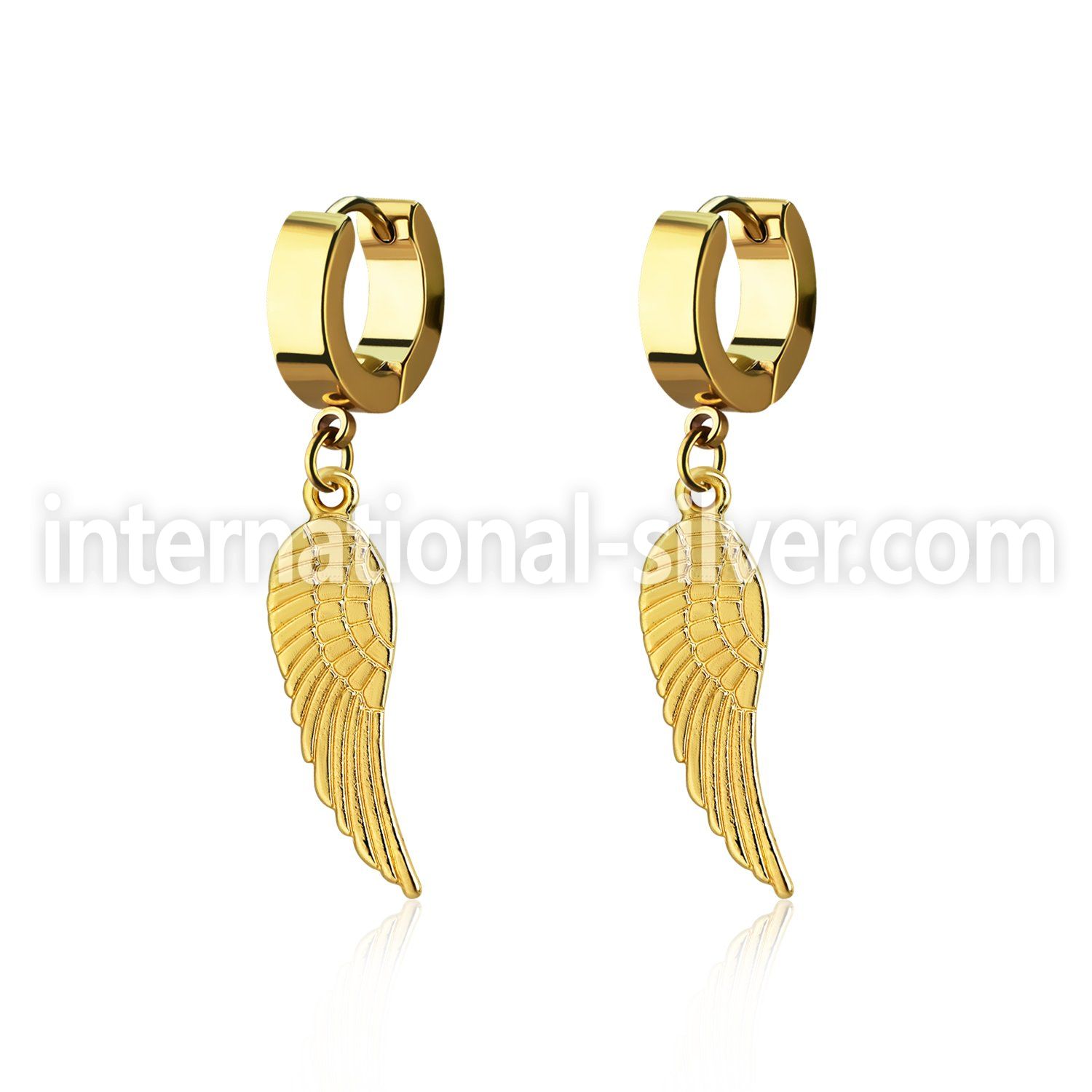 erg584 gold steel huggies earrings w dangling bird wing