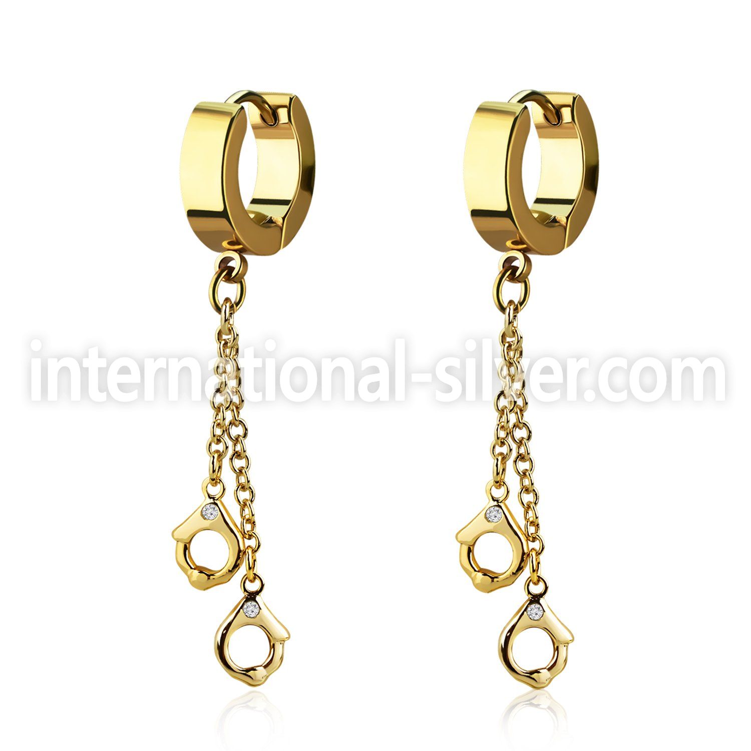 erg652 gold steel huggies earrings w dangling handcuffs