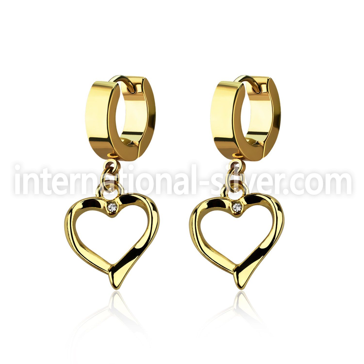 erg666 gold steel huggies earrings w a heart shaped dangling