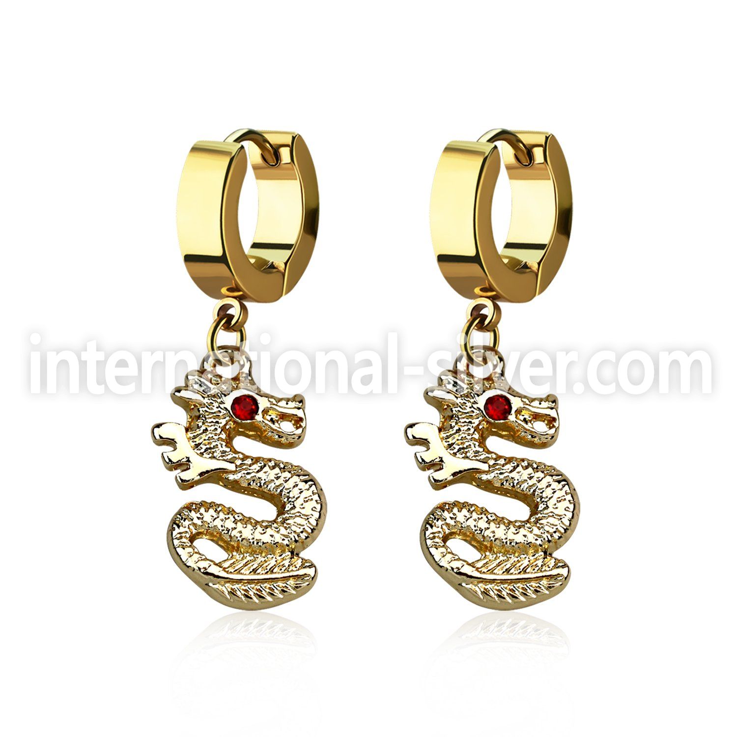 erg721 gold steel huggies earrings dangling dragon crystal eye