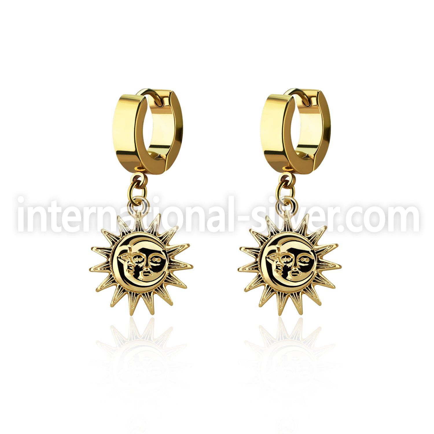 erg726 gold steel huggies earrings w a sun dangling