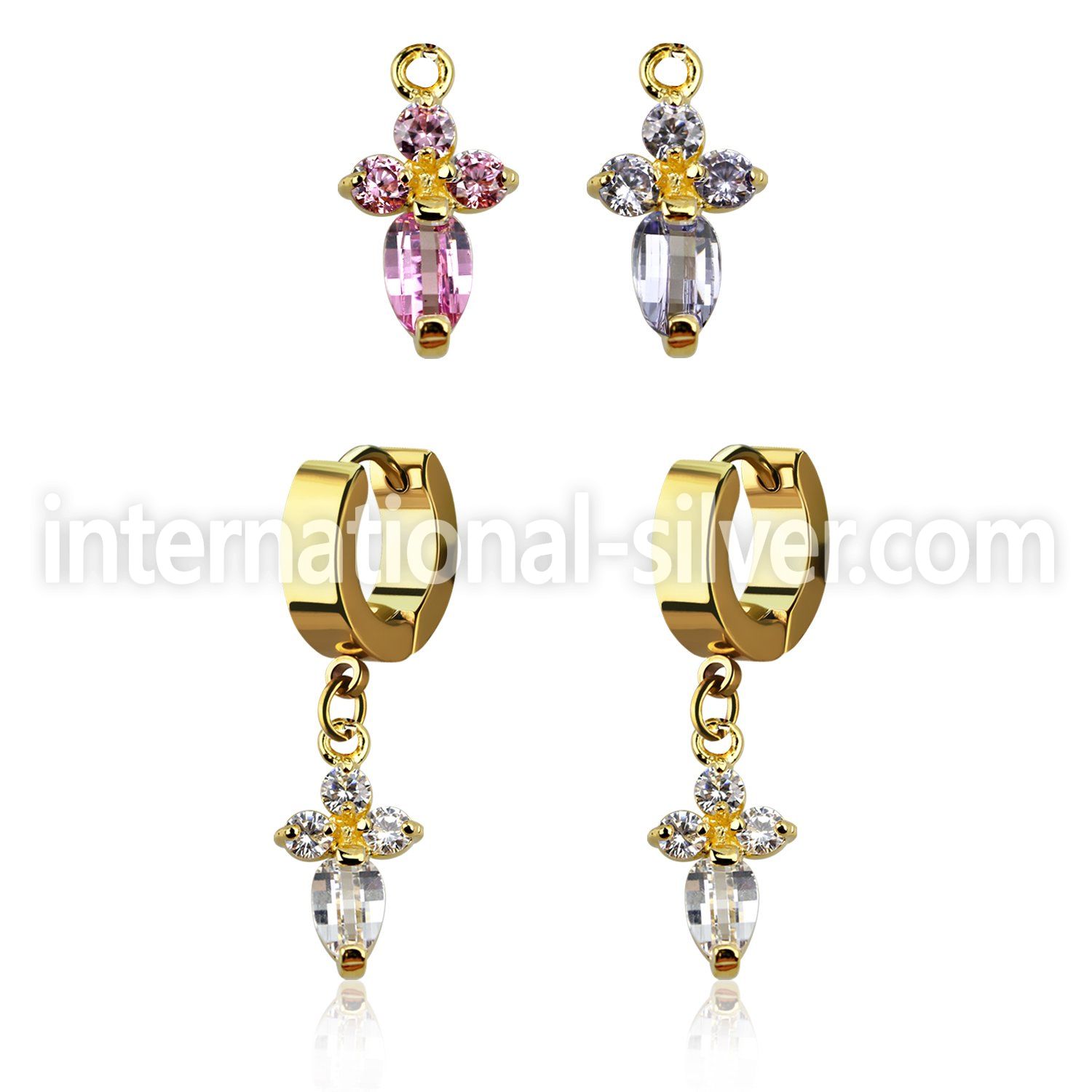 ergz518 gold steel huggies earrings w dangling cross w 4 czs