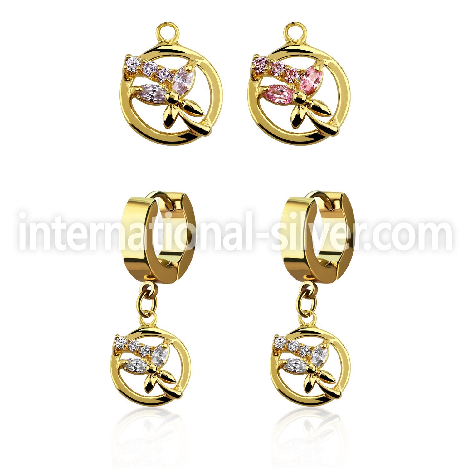 ergz520 gold steel huggies earrings w dangling circle butterfly
